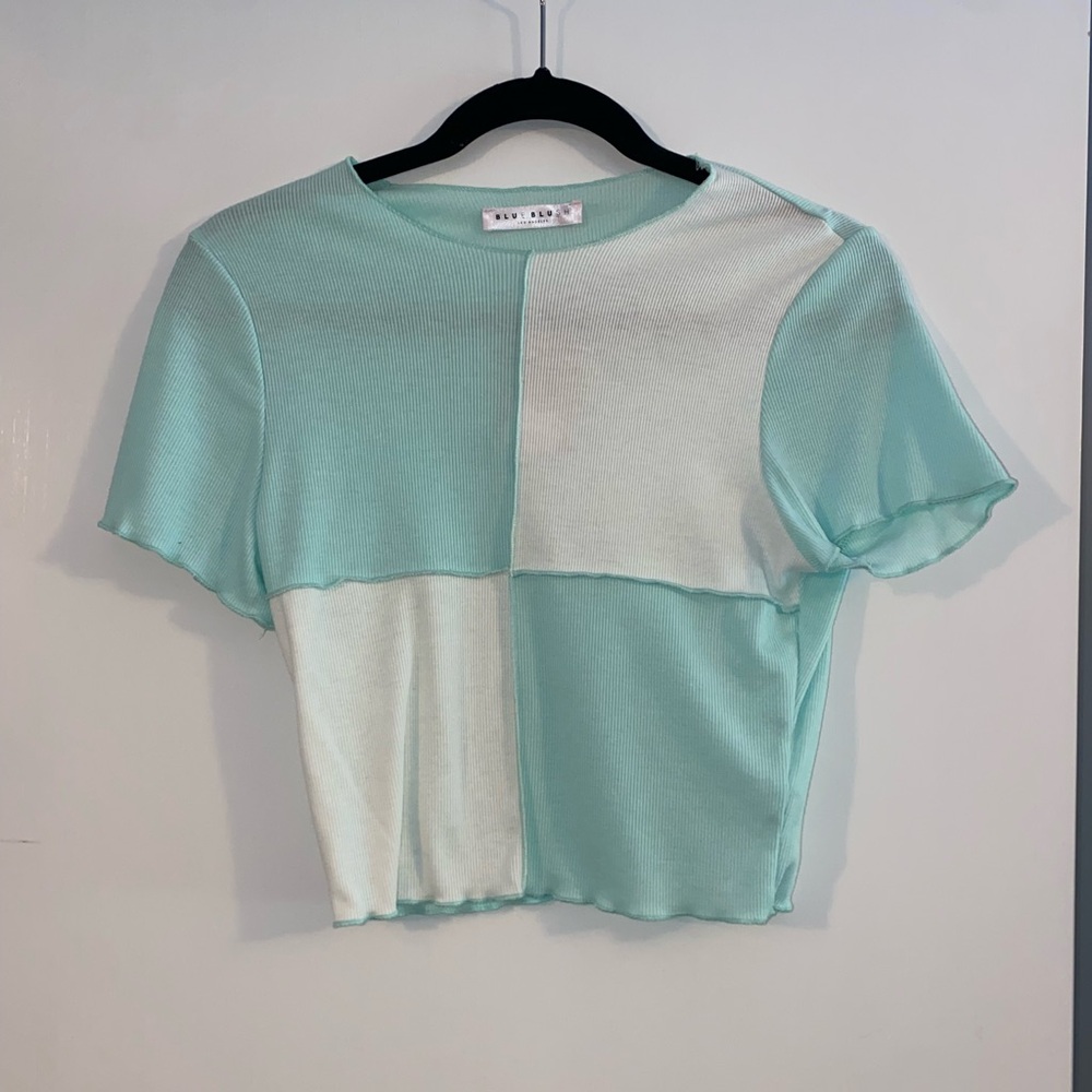 Blue Blush Color Blocked Cropped Shirt
